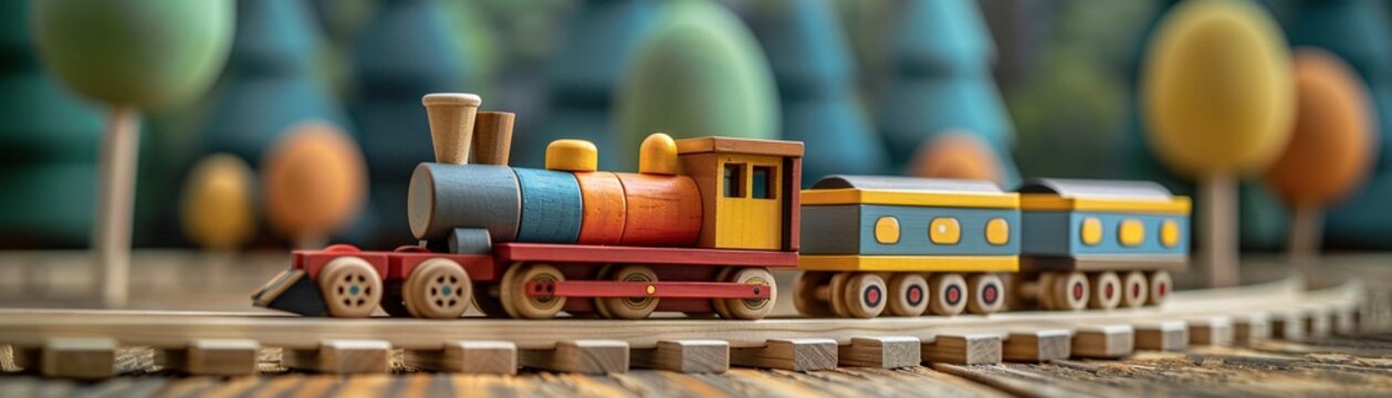 A delightful wooden train, with each car showcasing unique patterns and colors, sparking creativity and joy  8K , high-resolution, ultra HD,up32K HD