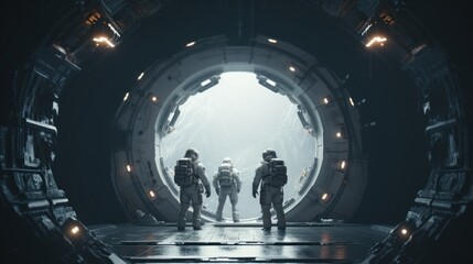 Team of astronauts in a space suits aboard the orbital station. A crew of cosmonauts piloting the spaceship. People in space. Galactic travel and science concept.