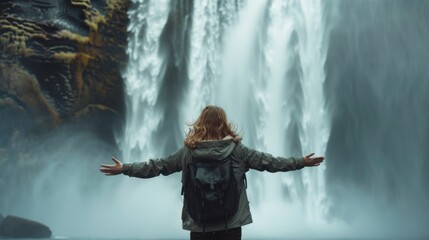 Obraz premium Woman with Arms Outstretched at Waterfall