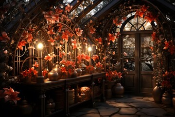 Interior of a greenhouse with red flowers and lanterns in the evening