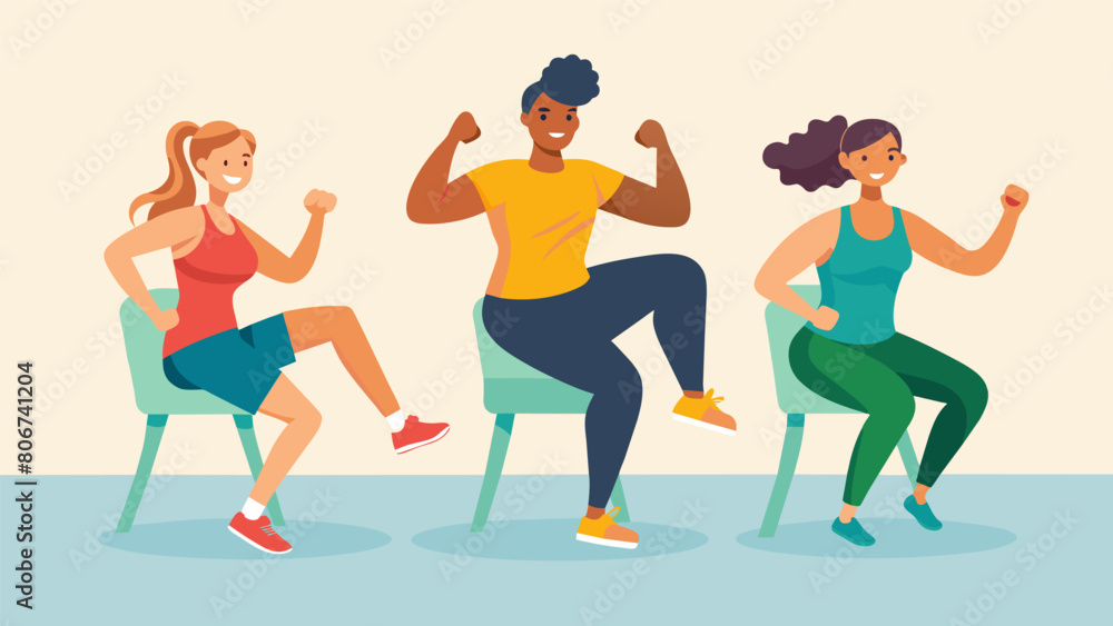 Poster a group of individuals performing seated jump squats and arm punches in a highintensity chair zumba 