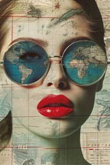 Fashion collage portrait portrait of a girl in sunglasses with bright lips on the background of a world map. Vertical