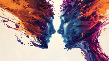 modern 3d vector illustration, man and woman shattering into pieces