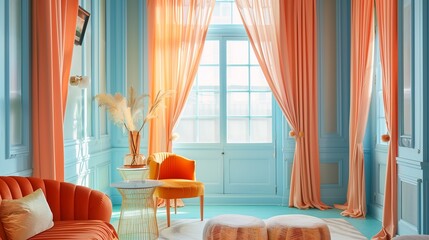 Peach curtains with sky blue trim against sky blue walls and peach accent furniture pieces.