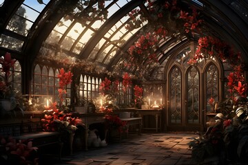 3d illustration of a gothic greenhouse with flowers and candles