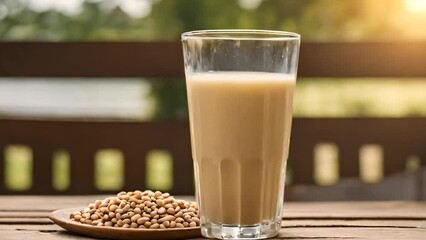 Glass of freshly prepared soy drink on table in field