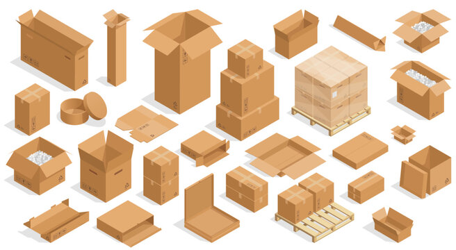 Isometric open boxes. Closed and open cardboard carton crates, square and rectangular packaging containers. Vector isolated set. Retail business parcels of various shapes for delivery or shipping