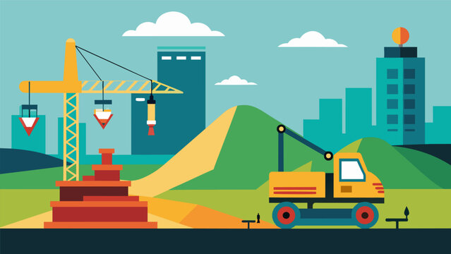 In the distance cranes and bulldozers can be seen at work while the model gives a full view of what the site will eventually look like.. Vector illustration