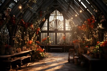 Inside a greenhouse with flowers in the sunlight. The interior of the greenhouse.