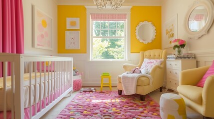 Pink accent wall in a yellow nursery with yellow furniture and pink accents.