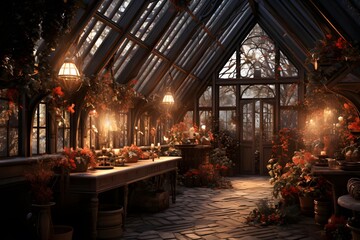 Panorama of a cozy greenhouse at night with a lot of red flowers.