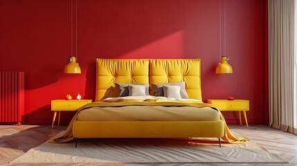 Red accent wall behind a yellow bed with yellow nightstands.