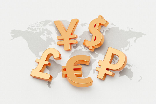 International money gold currency banking business investment dollar, euro, yen, pound, ruble on 3d finance exchange cash economy world foreign global background worldwide financial transfer market.