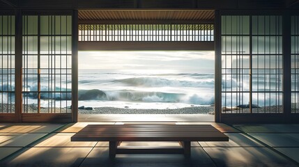 interior of a japanese room sea view