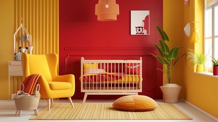 Red accent wall in a yellow nursery with yellow furniture and red accents.