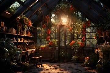 Panoramic view of a cozy greenhouse with flowers and plants.