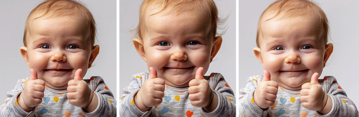 Three sequential images of a smiling baby giving thumbs up against a light background.