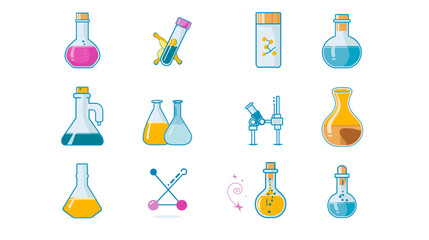 set of Science laboratory icons on white background. Chemistry icon vector Illustration. Design elements for brochure or website. Laboratory glassware. Science icons.