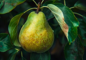A pear hanging on a tree with leaves.