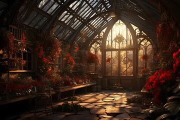 Panorama of a greenhouse with red flowers. 3d render. - Powered by Adobe