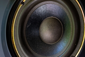 Acoustic speaker in close-up. Dust-covered parts