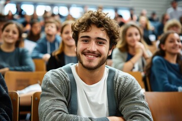 Fototapeta premium Confident young male student with glasses smiling in a crowded university lecture hall.