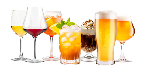 Set and collection of classic alcohol cocktails, beer and mocktail isolated on white background with fresh summer fruits
