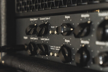 guitar amp knobs, Sound amplifier close-up, audio system. Sound concert equipment. High quality...