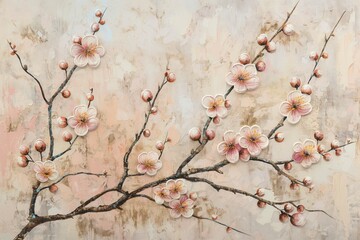 A canvas artwork depicting hand-painted plum blossoms with rich texture in the brush strokes, emphasizing the vibrant blending of actual colors. AI generated