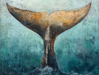 A canvas painting that captures a close-up view of a whale's tail as it dives into the ocean. AI generated