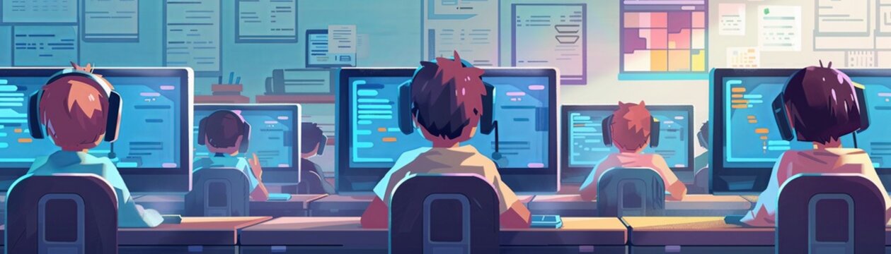 Illustration of children in a computer lab learning coding and digital skills