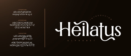 Heilatus elegant font alphabet uppercase lowercase and number. Classic lettering minimal fashion designs. Typography modern serif fonts regular decorative vintage concept. Vector illustration