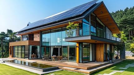 modern solar - powered eco - home nestled among lush greenery and a clear blue sky, featuring a blue roof, wood porch, and a variety of chairs including a brown and wood