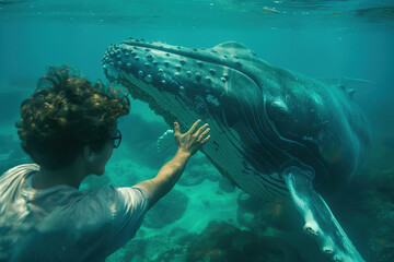 Man and whale underwater. Whale protection concept. Generated by artificial intelligence