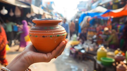 Cultural Exchange A Handholding Clay Pot Filled with Traditional Indian Jal Jeera in a Busy Marketplace