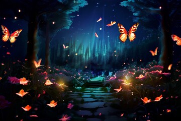 Fantasy garden at night with flying butterflies.