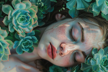 Girl with closed eyes lies in succulents, summer concept