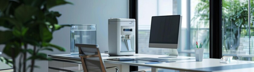 Contemporary office setting featuring a 3D rendered water dispenser with stainless steel accents and a minimalist design