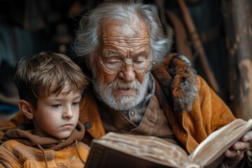 Naklejka premium Happiness as a smiling boy's laughter fills the air while his grandpa reads tales books, enhanced by an artistic interplay of light and cinematic elements.