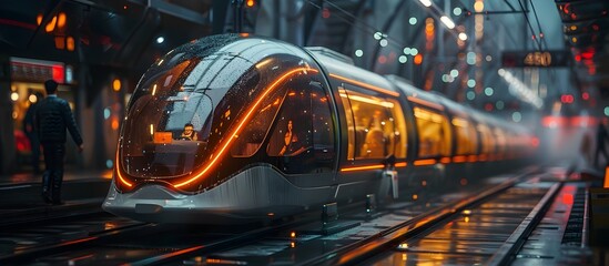 Automated Futuristic Electric Rail Transport System in Vibrant Nighttime City Landscape