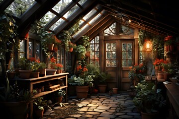 Greenhouse with flowers and plants in the garden. Panorama.