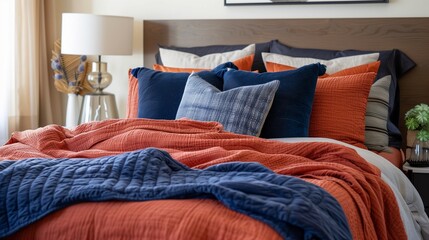 Rust red bedding with navy blue throw blanket and rust red accent pillows in a bedroom.