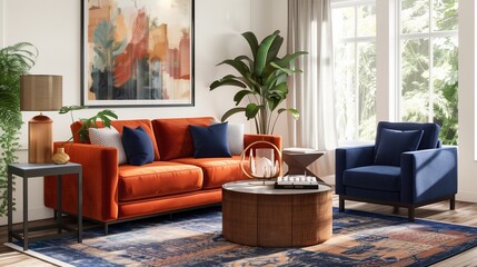 Rust red sofa with navy blue accent chairs and navy blue area rug in a living room.