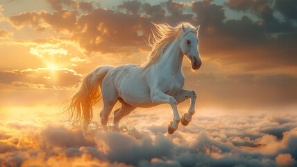 Naklejka na ściany i meble a fantastic beautiful white unicorn jumps through the sky among the clouds at dawn.generative ai