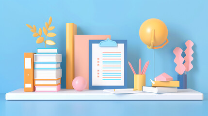 Colorful Minimalist School Desk Setup with Report Card and Books