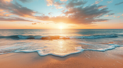 Fototapeta premium Beautiful sunset at the beach with golden sand and sparkling waves. The beautiful sky had colorful clouds as golden sun rays reflected on the water.