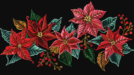 Colorful poinsettia flower plant embroidery in black