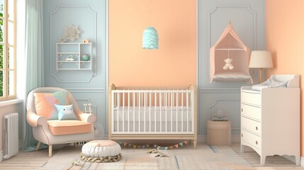 Sky blue accent wall in a peach nursery with peach furniture and sky blue accessories.