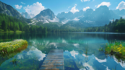 Breathtaking landscape photograph of a serene mountain lake with a wooden pier and alpine...