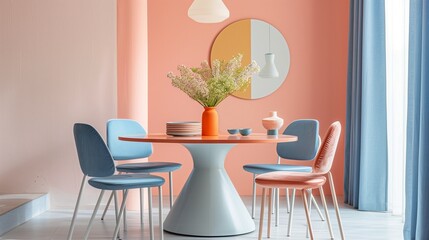 Sky blue dining chairs with peach cushions around a peach dining table.